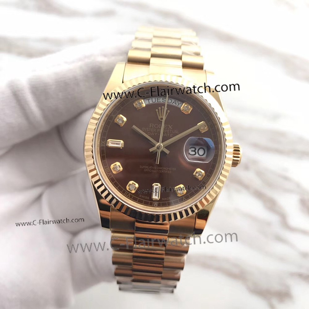 New Fake Presidential Rolex Day-Date Watch Yellow Gold Brown Dia